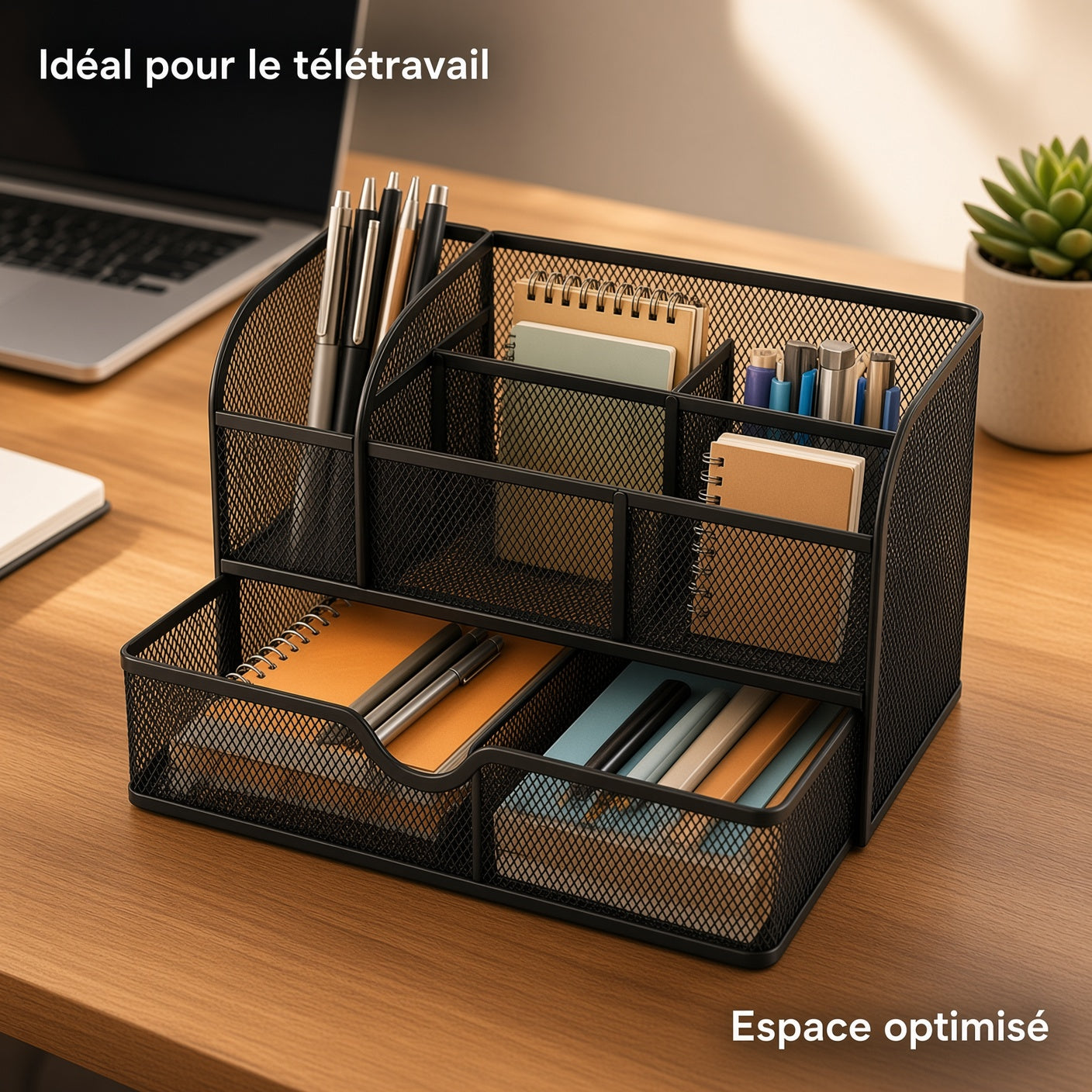 Organisateur de Bureau en Métal – Rangement Multifonction avec Tiroir pour Accessoires de Bureau
