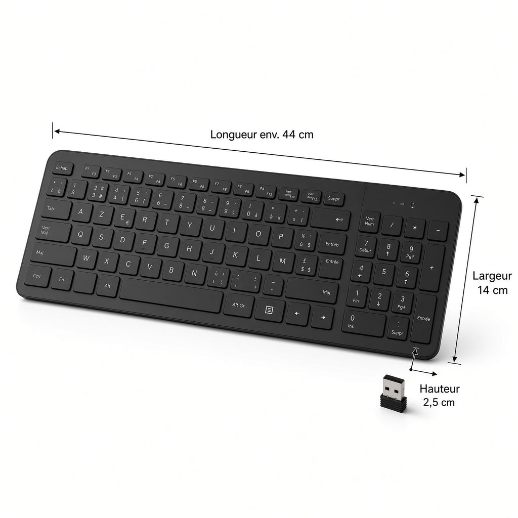 Clavier Sans Fil AZERTY avec Récepteur USB – Clavier Ergonomique pour Bureau et Maison