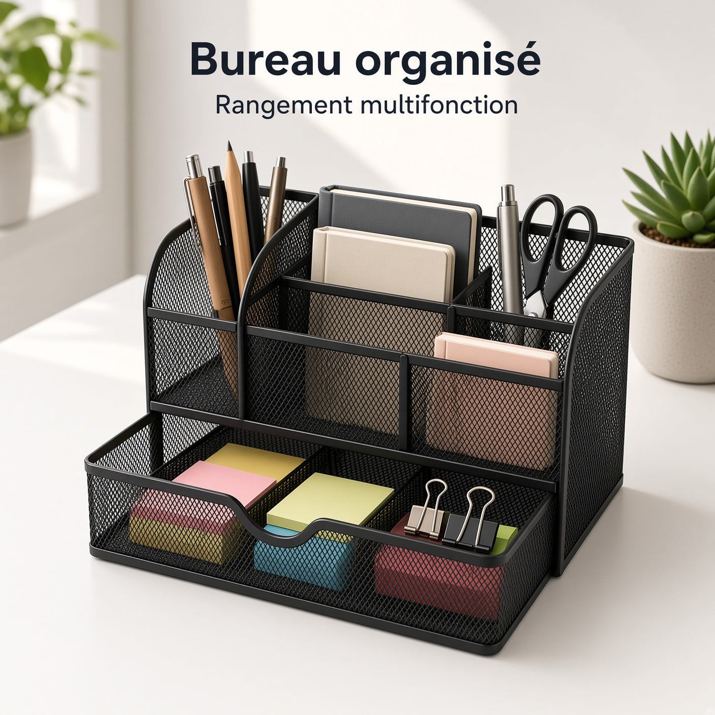 Organisateur de Bureau en Métal – Rangement Multifonction avec Tiroir pour Accessoires de Bureau